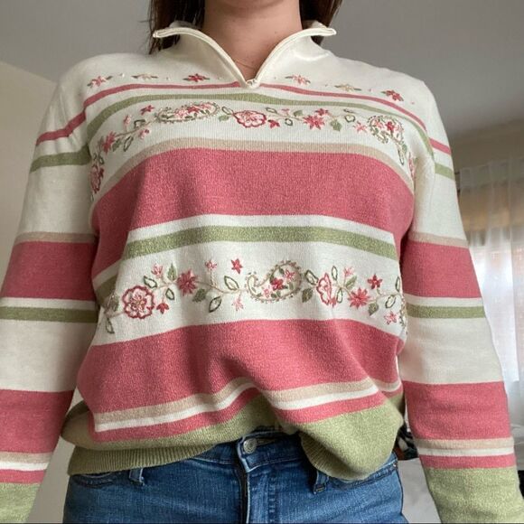 90s 1/4 Zip Knit with Floral Embroidery Detail Mom Sweater - Picture 2 of 11